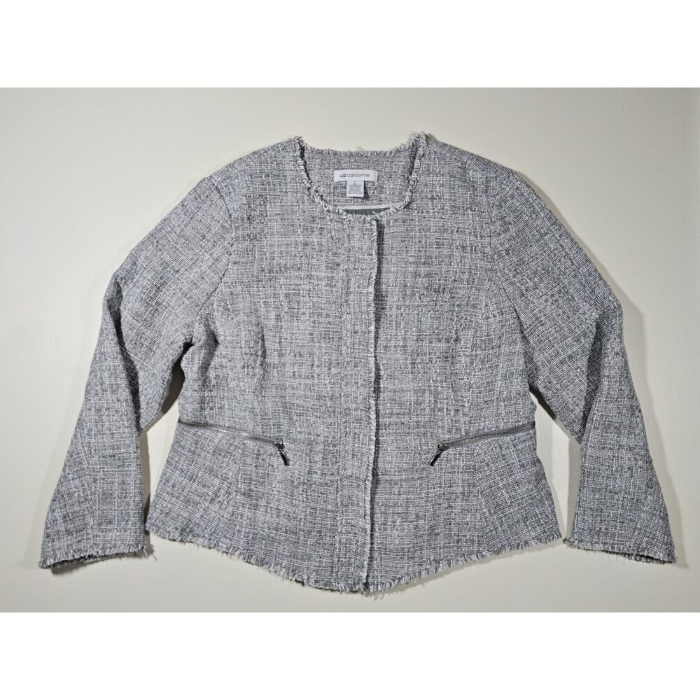 Liz Claiborne Size L Bouclee Tweed Zip Blazer Jacket Gray Fringe Office Academia